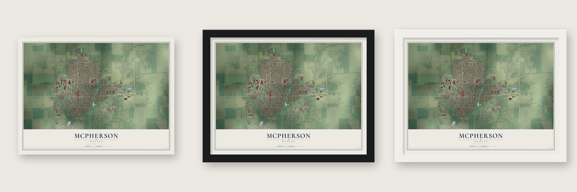 McPherson, Kansas map unframed, in a black wood frame and in a white wood frame