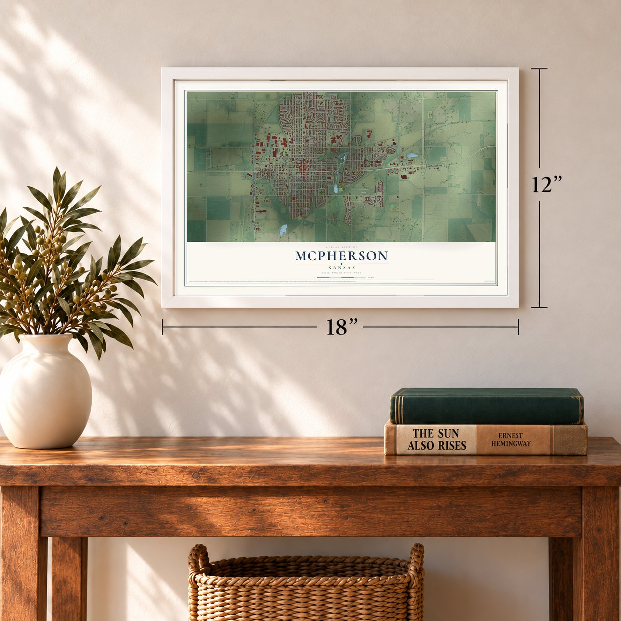 McPherson, Kansas map, 12 x 18 inch print in a white frame in an entryway