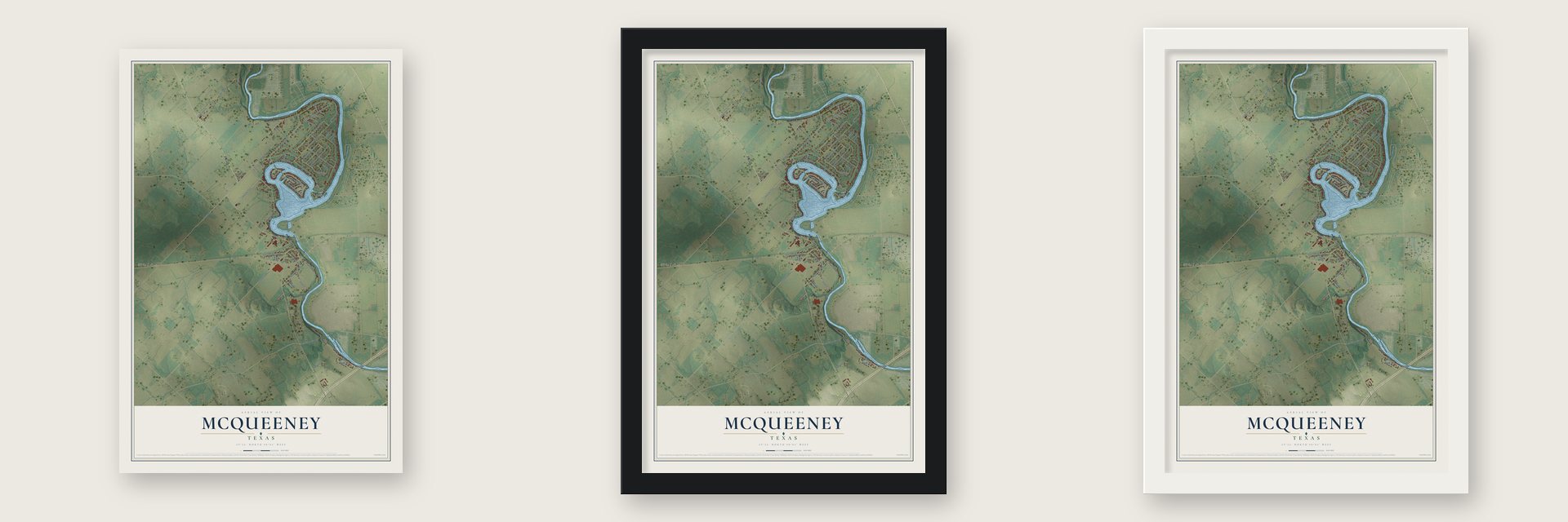 McQueeney, Texas map unframed, in a black wood frame and in a white wood frame