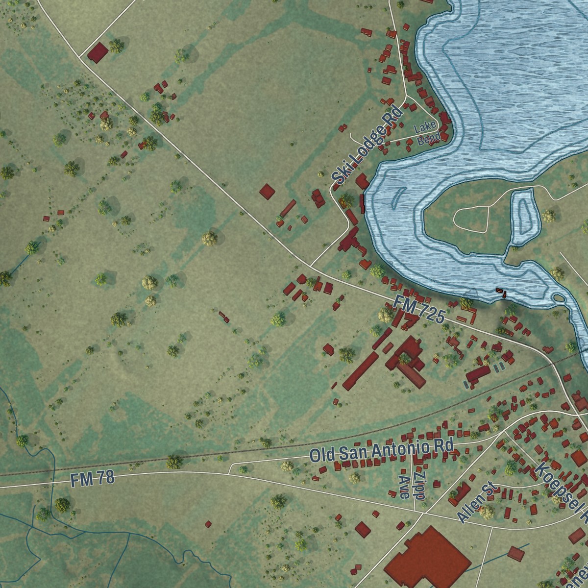 Second close-up of the map of McQueeney, Texas print showing more streets and buildings