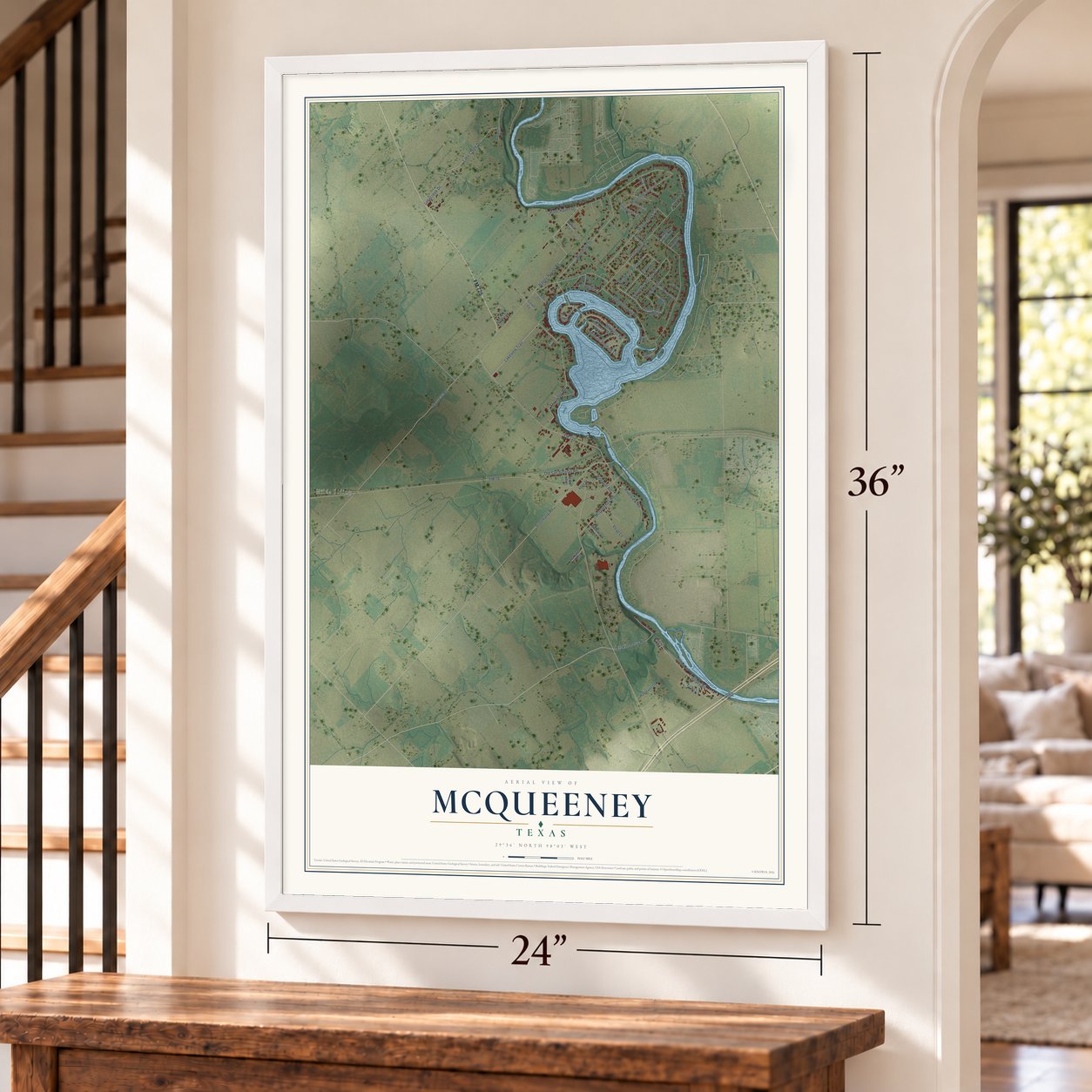 McQueeney, Texas map, 24 x 36 inch print in a white frame by a staircase