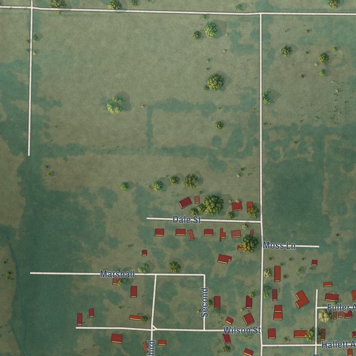 Second close-up of the map of McRae, Arkansas print showing more streets and buildings