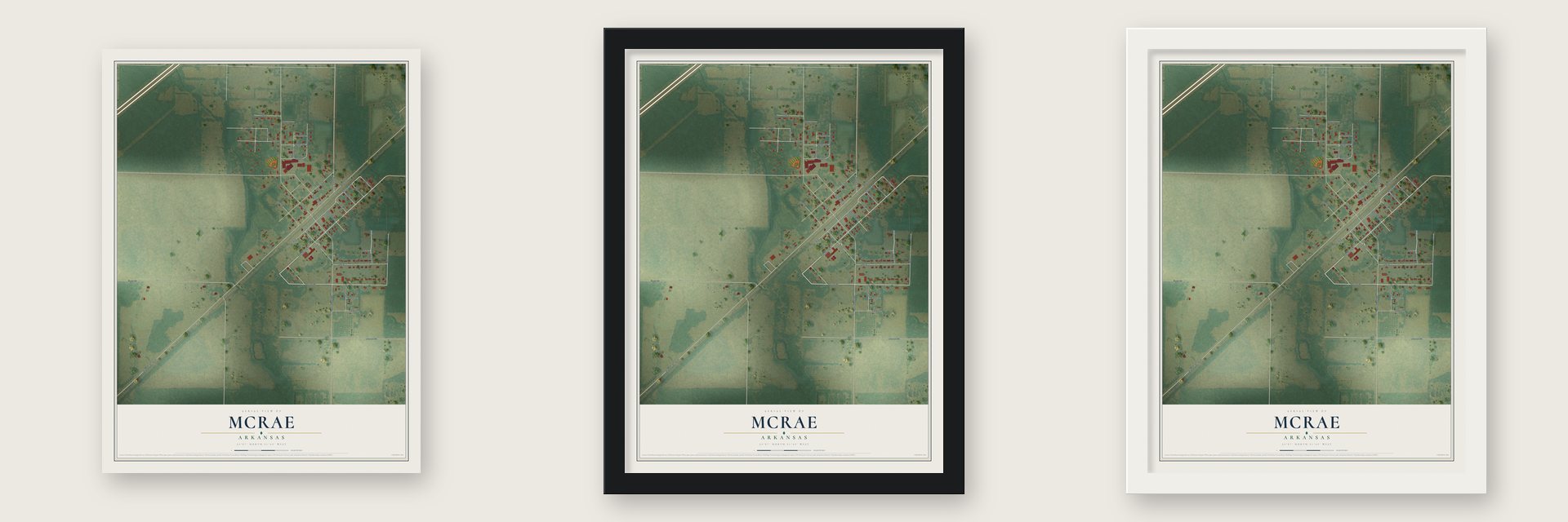 McRae, Arkansas map unframed, in a black wood frame and in a white wood frame