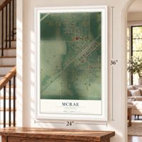 McRae, Arkansas map, 24 x 36 inch print in a white frame by a staircase