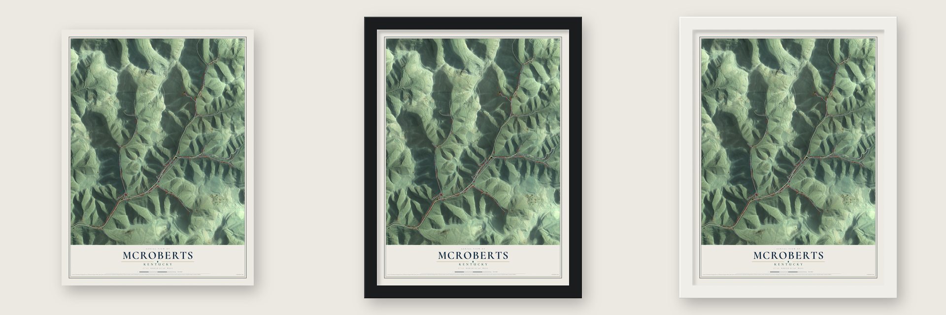 McRoberts, Kentucky map unframed, in a black wood frame and in a white wood frame