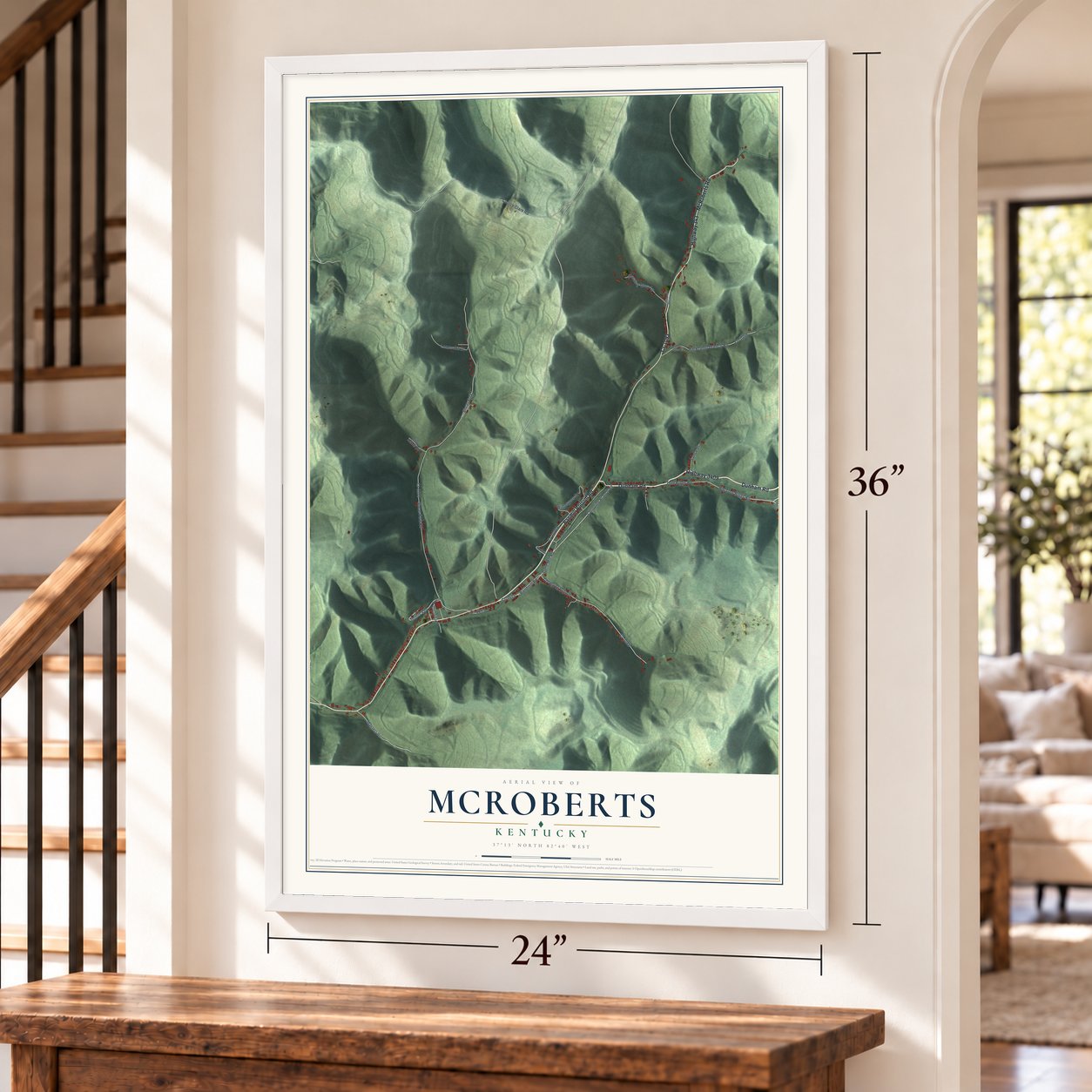 McRoberts, Kentucky map, 24 x 36 inch print in a white frame by a staircase