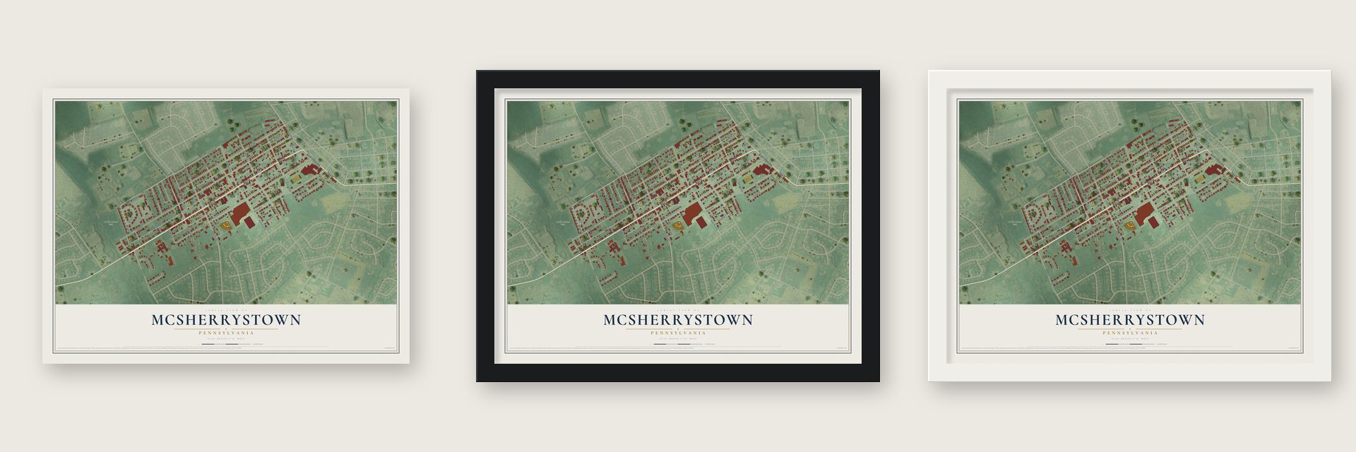 McSherrystown, Pennsylvania map unframed, in a black wood frame and in a white wood frame