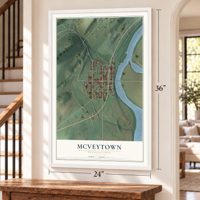 McVeytown, Pennsylvania map, 24 x 36 inch print in a white frame by a staircase