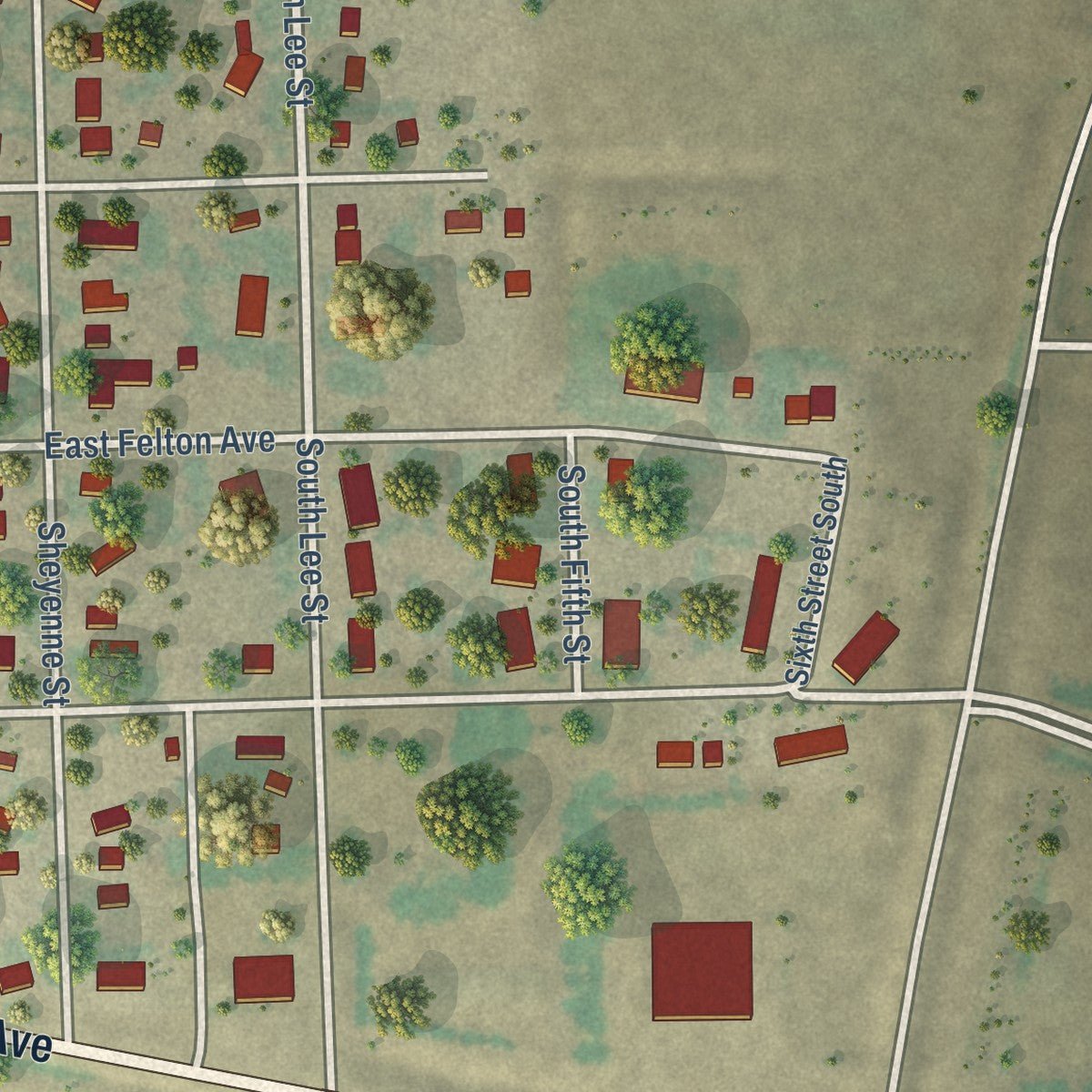 Second close-up of the map of McVille, North Dakota print showing more streets and buildings