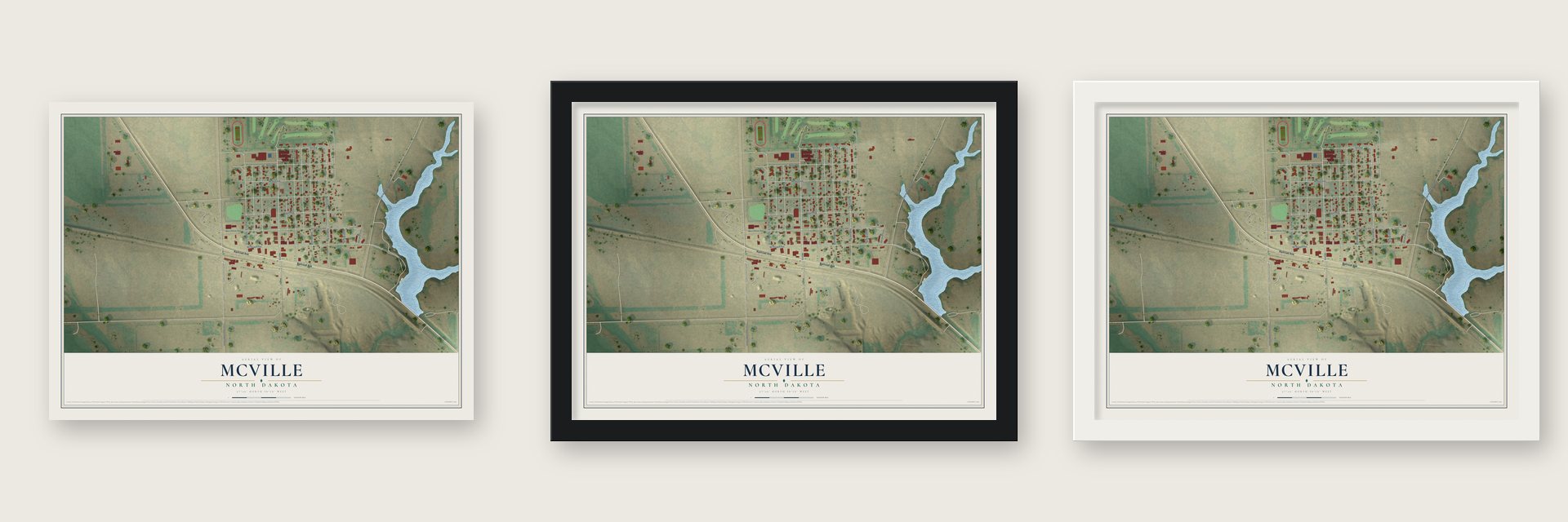 McVille, North Dakota map unframed, in a black wood frame and in a white wood frame
