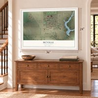 McVille, North Dakota map, 24 x 36 inch print in a white frame above a dresser by a staircase