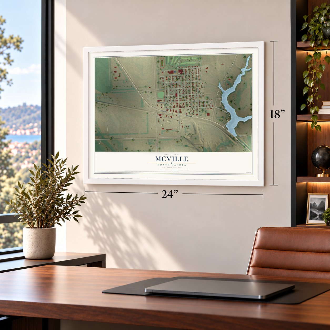McVille, North Dakota map, 18 x 24 inch print in a white frame in a home office