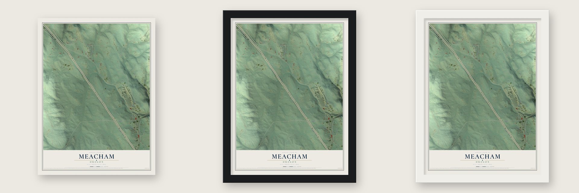 Meacham, Oregon map unframed, in a black wood frame and in a white wood frame