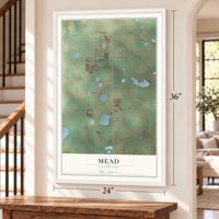 Mead, Colorado map, 24 x 36 inch print in a white frame by a staircase