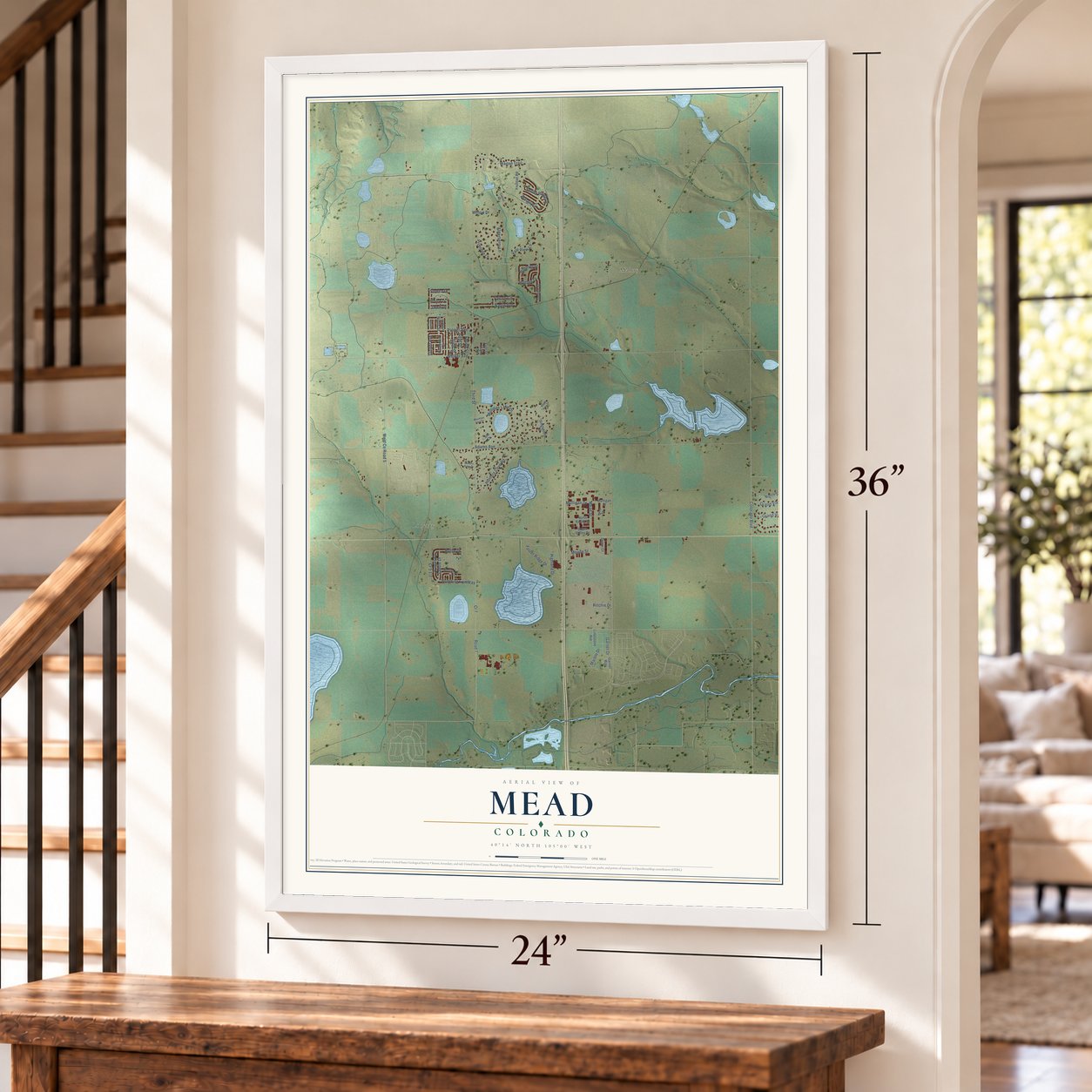 Mead, Colorado map, 24 x 36 inch print in a white frame by a staircase
