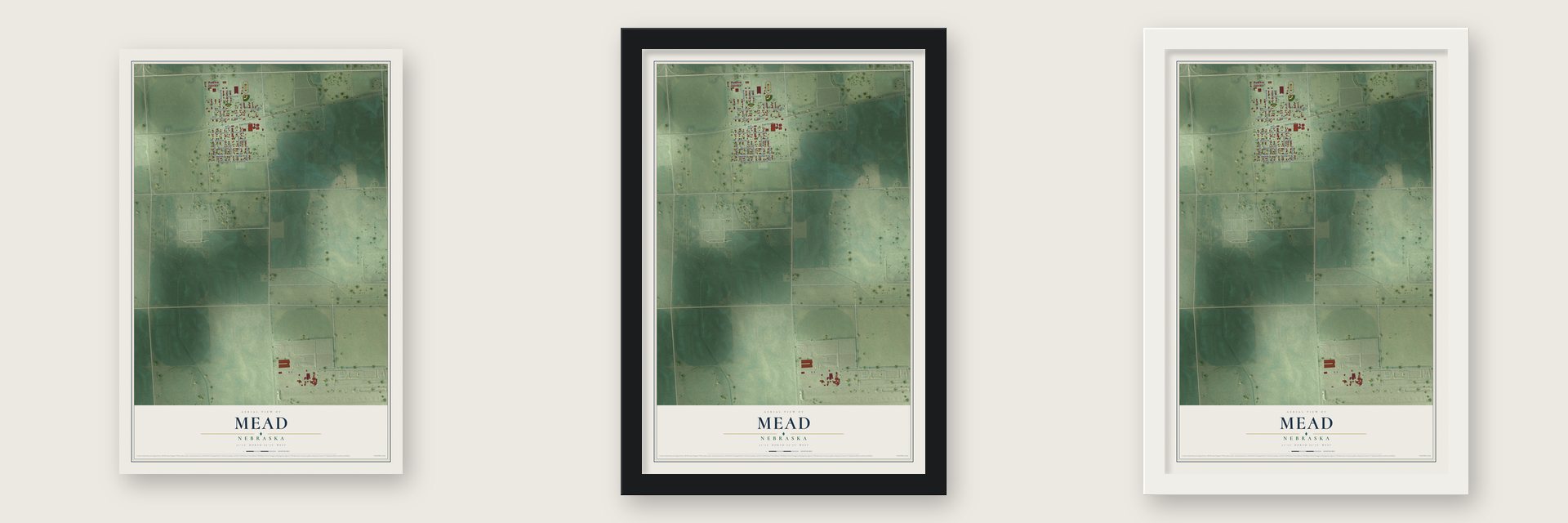 Mead, Nebraska map unframed, in a black wood frame and in a white wood frame