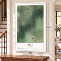 Mead, Nebraska map, 24 x 36 inch print in a white frame by a staircase