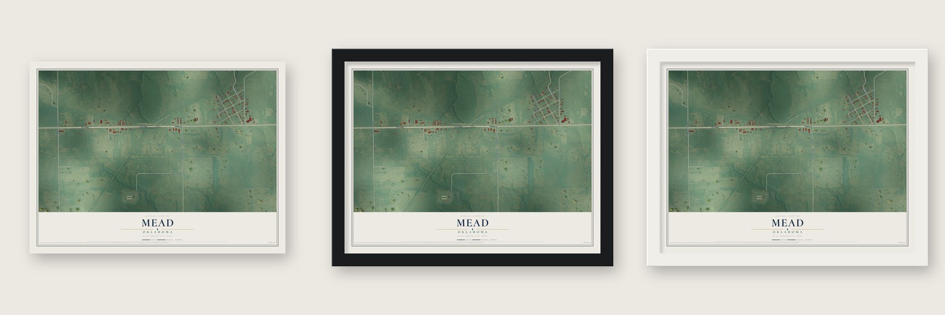 Mead, Oklahoma map unframed, in a black wood frame and in a white wood frame