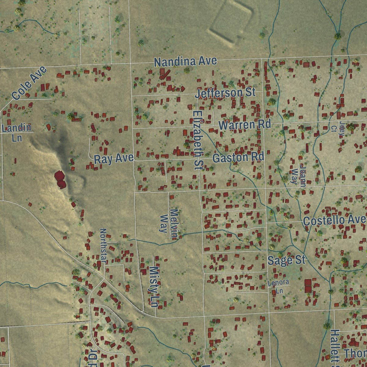 Second close-up of the map of Mead Valley, California print showing more streets and buildings