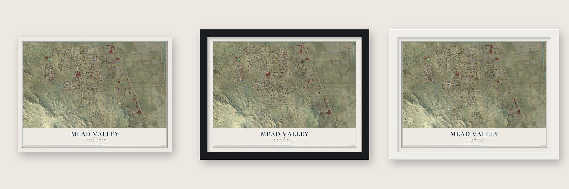 Mead Valley, California map unframed, in a black wood frame and in a white wood frame