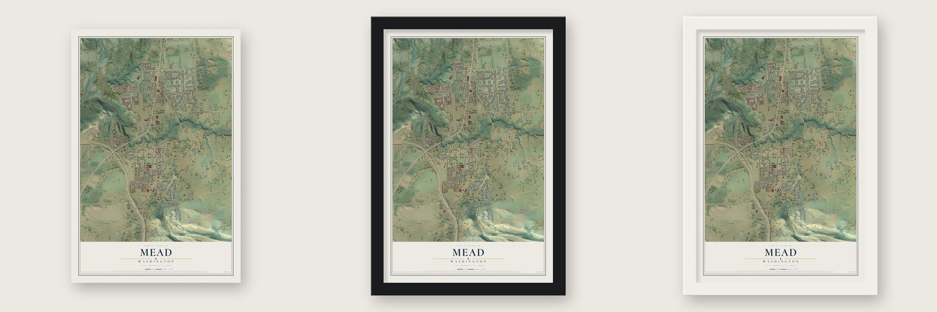 Mead, Washington map unframed, in a black wood frame and in a white wood frame