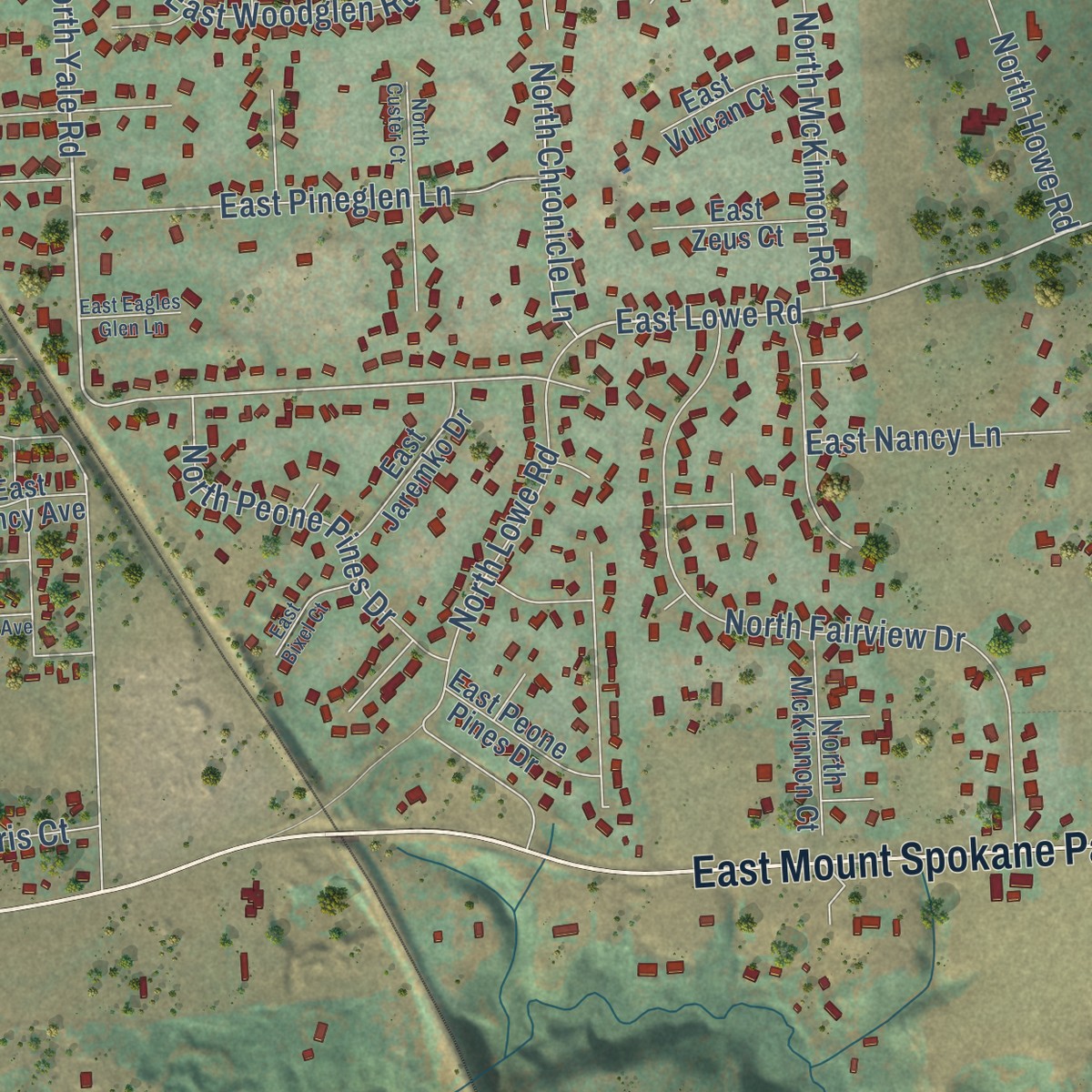Second close-up of the map of Mead, Washington print showing more streets and buildings
