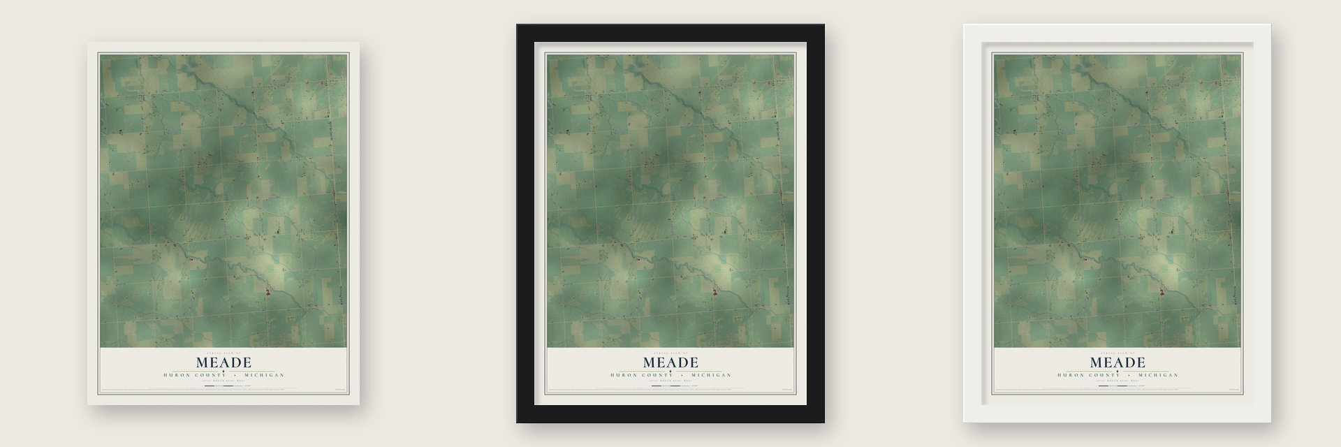 Meade, Huron County, Michigan map unframed, in a black wood frame and in a white wood frame