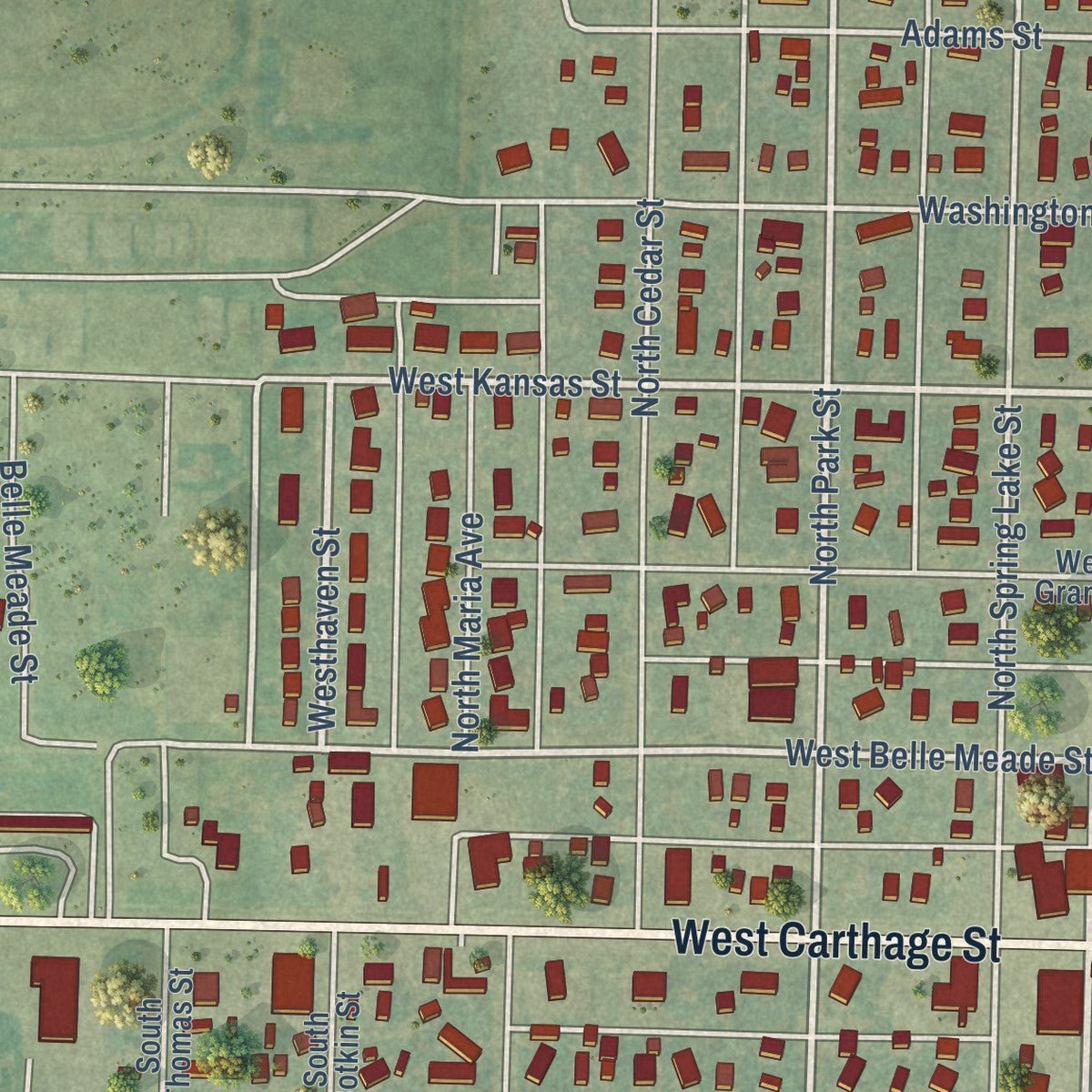 Second close-up of the map of Meade, Kansas print showing more streets and buildings