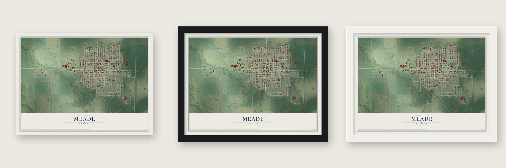 Meade, Kansas map unframed, in a black wood frame and in a white wood frame