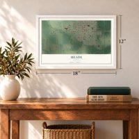 Meade, Kansas map, 12 x 18 inch print in a white frame in an entryway