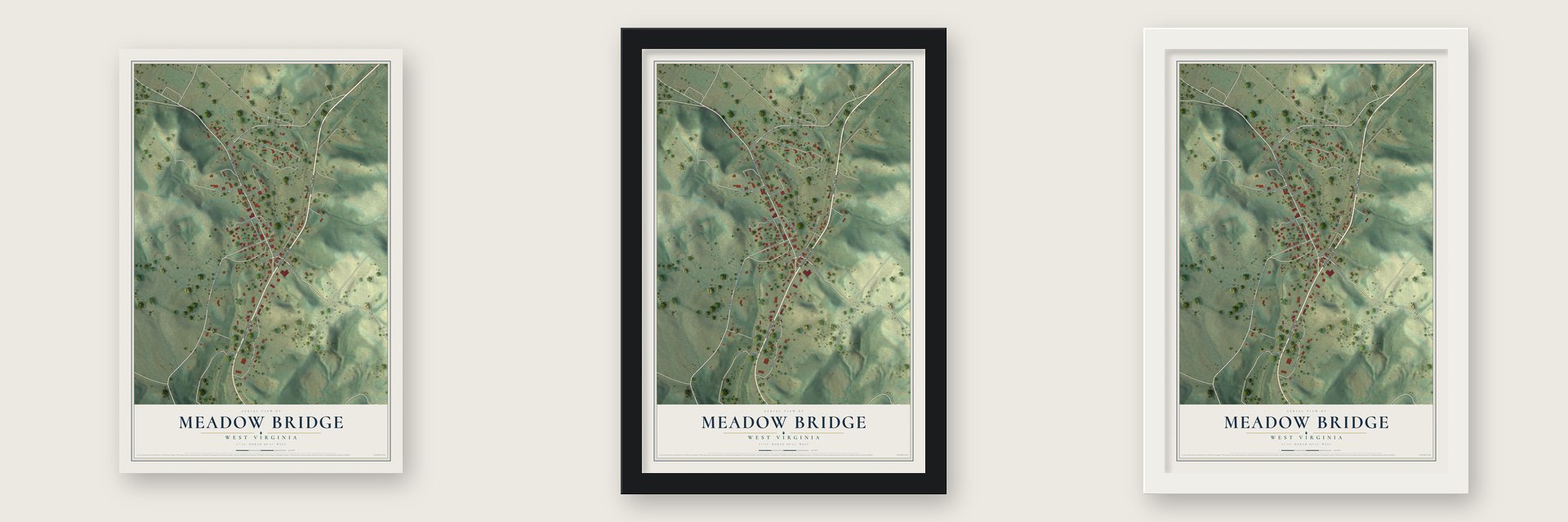 Meadow Bridge, West Virginia map unframed, in a black wood frame and in a white wood frame