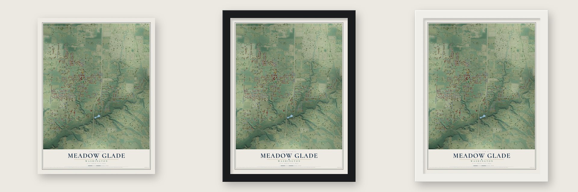 Meadow Glade, Washington map unframed, in a black wood frame and in a white wood frame