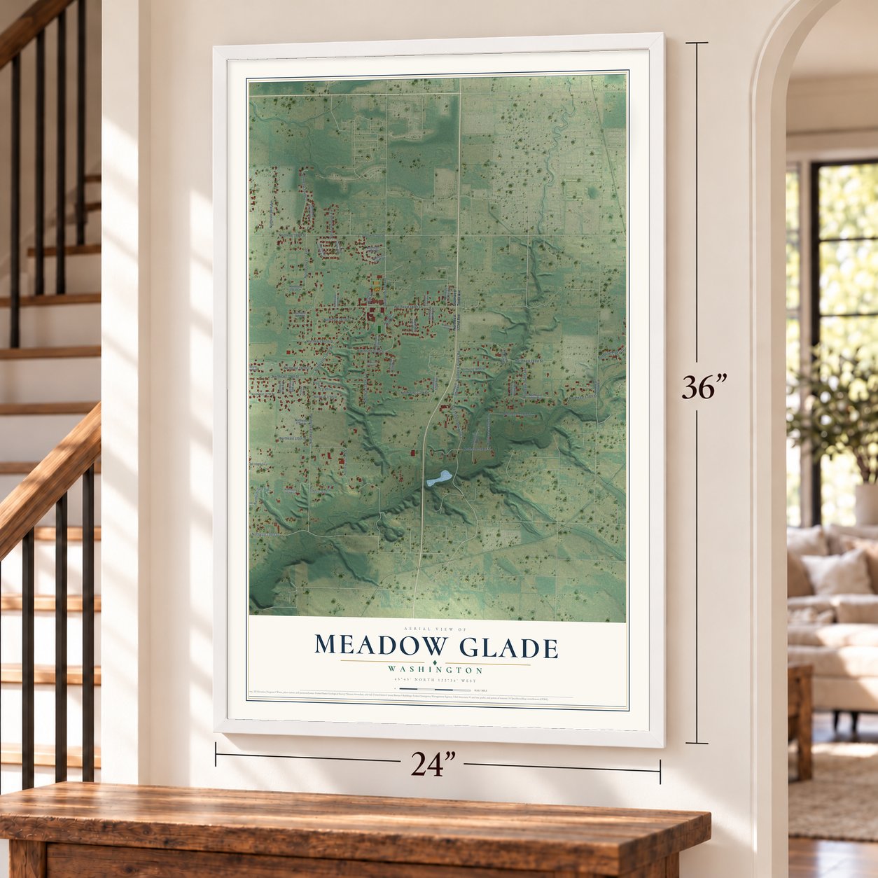 Meadow Glade, Washington map, 24 x 36 inch print in a white frame by a staircase