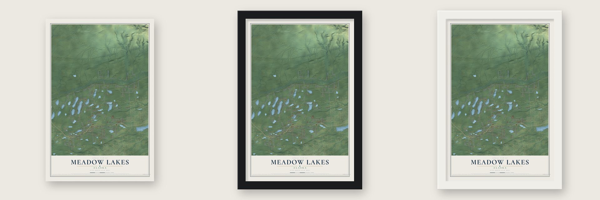 Meadow Lakes, Alaska map unframed, in a black wood frame and in a white wood frame