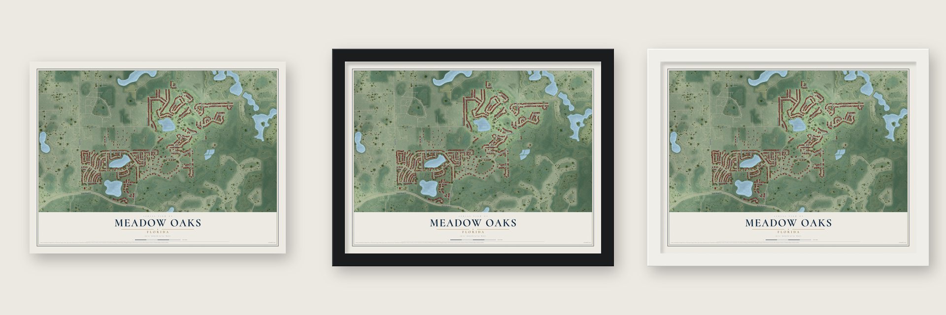 Meadow Oaks, Florida map unframed, in a black wood frame and in a white wood frame