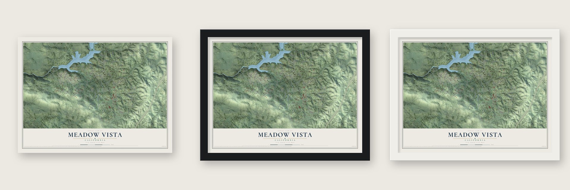 Meadow Vista, California map unframed, in a black wood frame and in a white wood frame