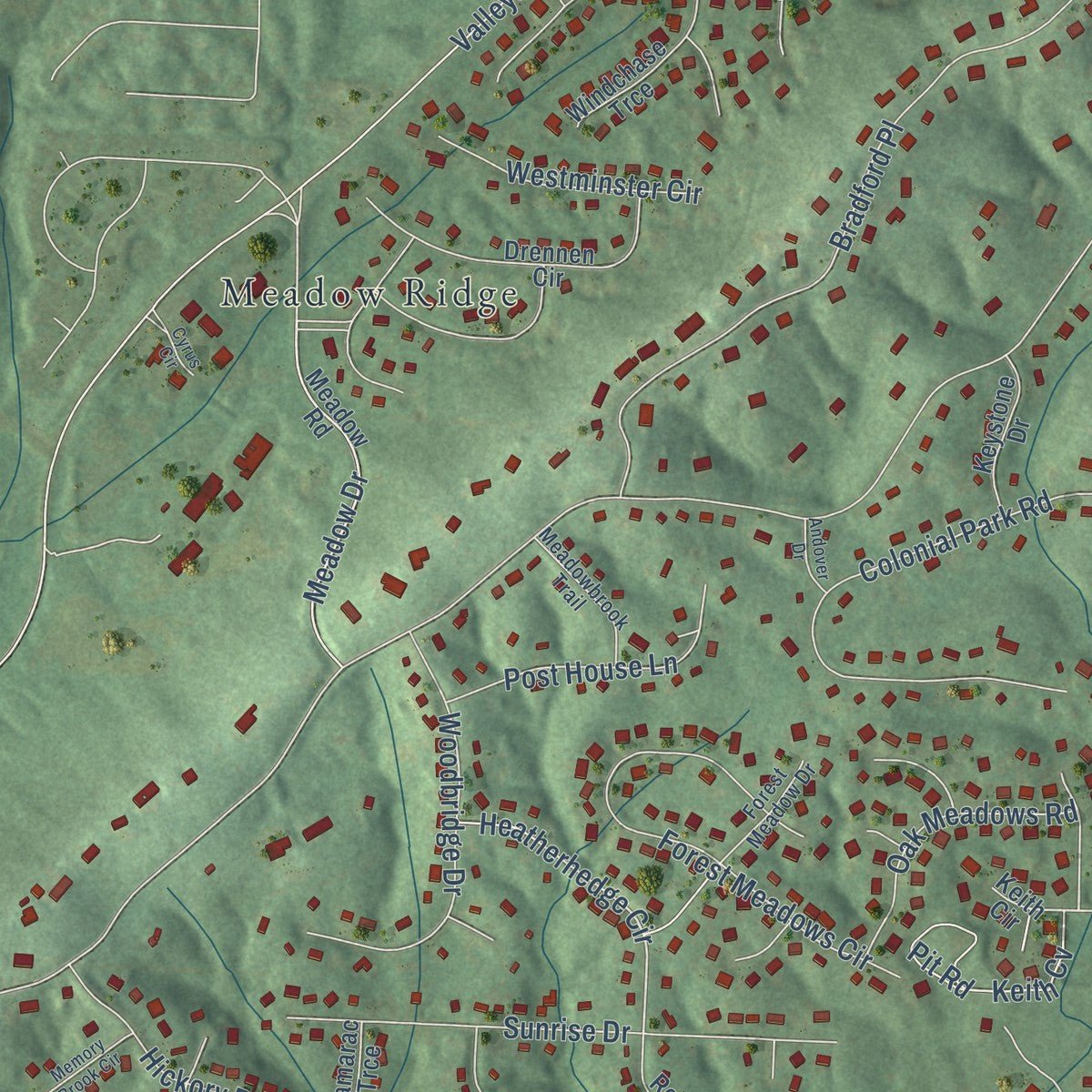 Second close-up of the map of Meadowbrook, Alabama print showing more streets and buildings
