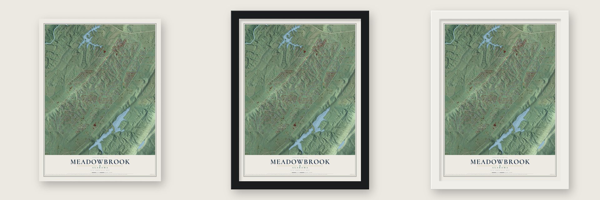 Meadowbrook, Alabama map unframed, in a black wood frame and in a white wood frame