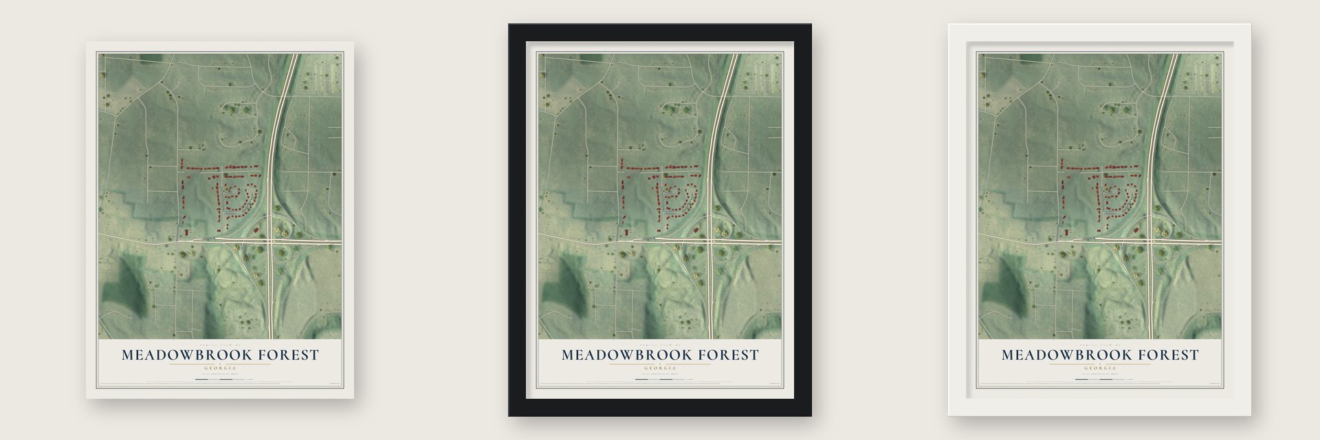 Meadowbrook Forest, Georgia map unframed, in a black wood frame and in a white wood frame