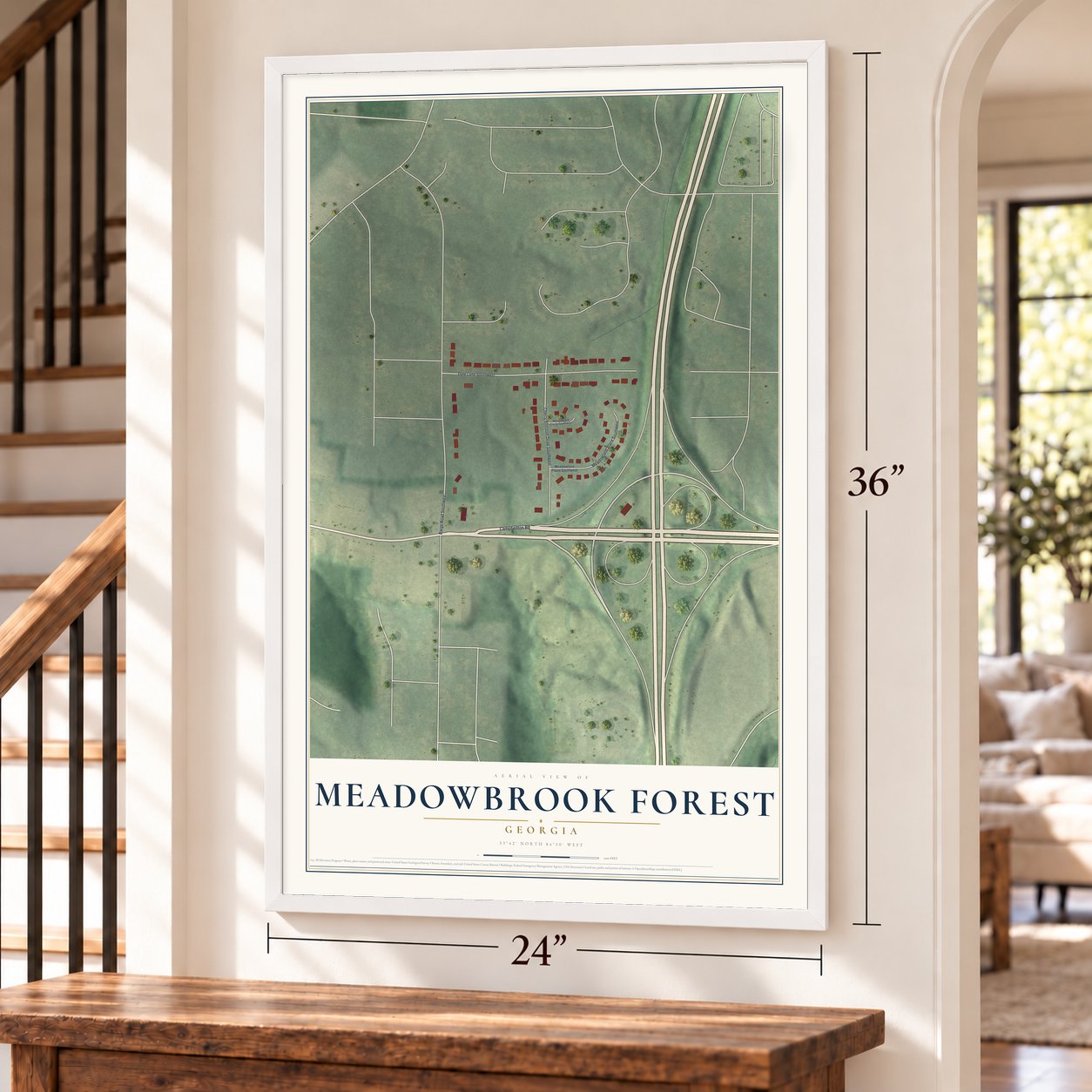 Meadowbrook Forest, Georgia map, 24 x 36 inch print in a white frame by a staircase
