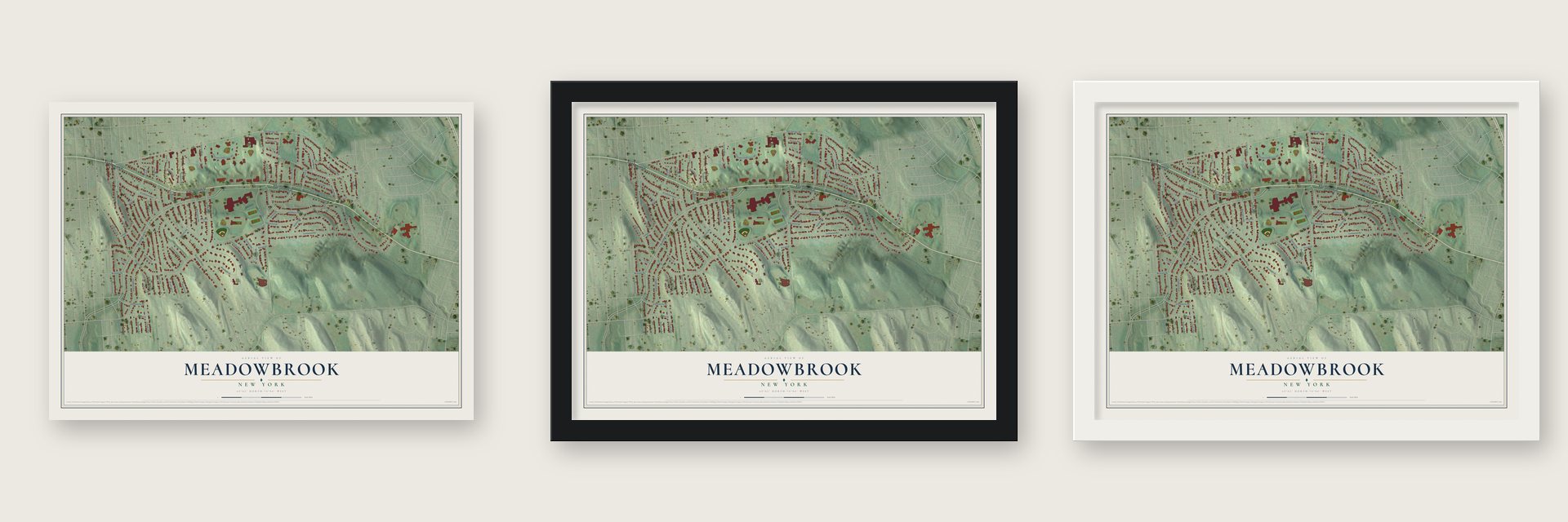 Meadowbrook, New York map unframed, in a black wood frame and in a white wood frame