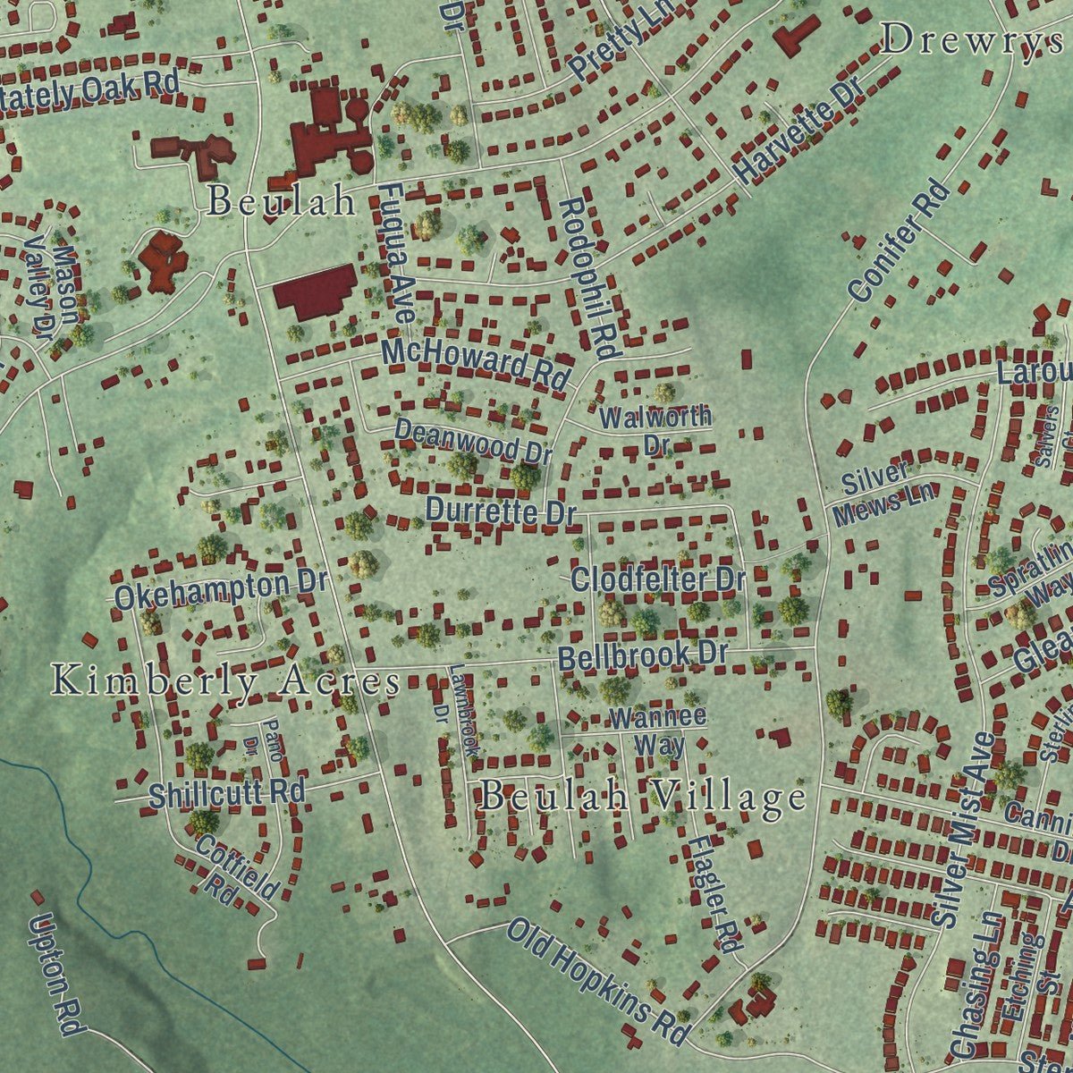 Second close-up of the map of Meadowbrook, Virginia print showing more streets and buildings