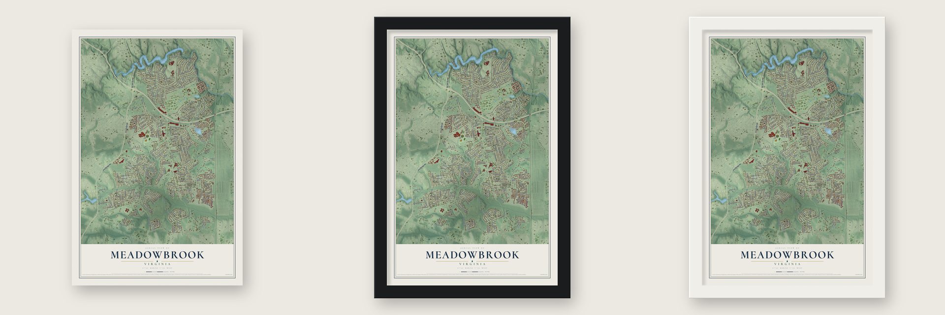 Meadowbrook, Virginia map unframed, in a black wood frame and in a white wood frame