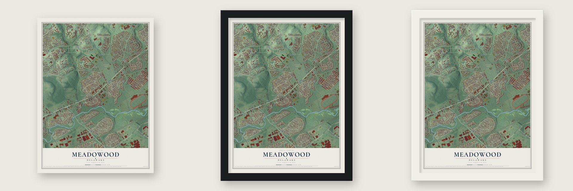 Meadowood, Delaware map unframed, in a black wood frame and in a white wood frame