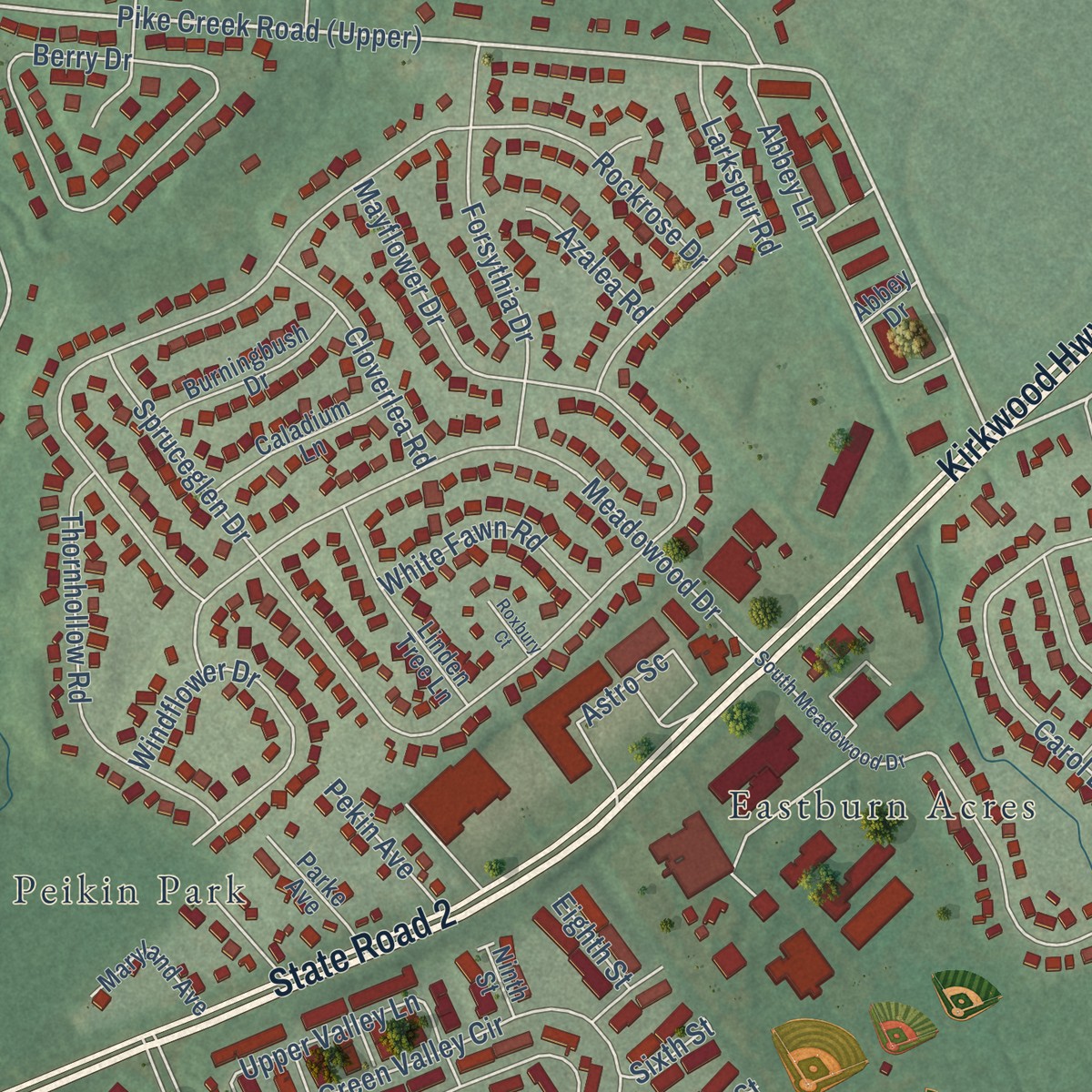 Second close-up of the map of Meadowood, Delaware print showing more streets and buildings