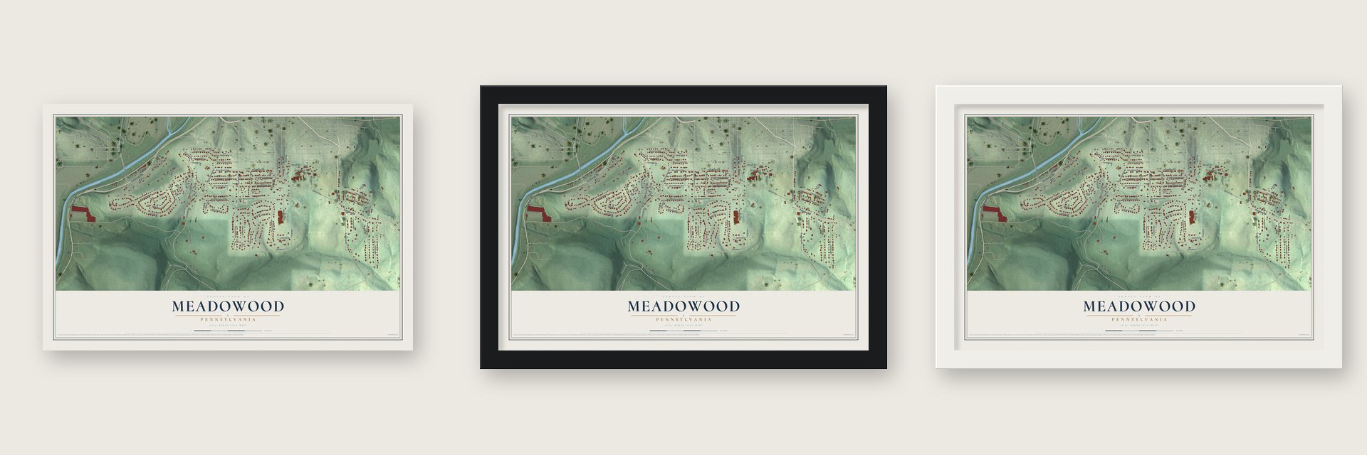 Meadowood, Pennsylvania map unframed, in a black wood frame and in a white wood frame