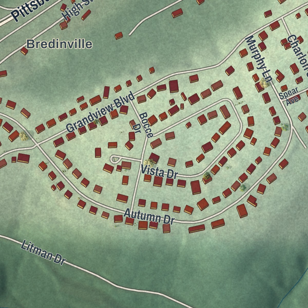 Second close-up of the map of Meadowood, Pennsylvania print showing more streets and buildings