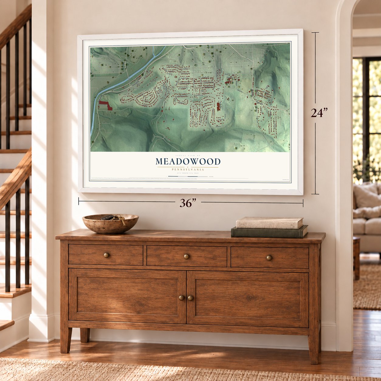 Meadowood, Pennsylvania map, 24 x 36 inch print in a white frame above a dresser by a staircase