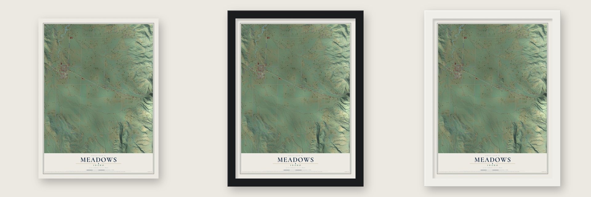 Meadows, Idaho map unframed, in a black wood frame and in a white wood frame