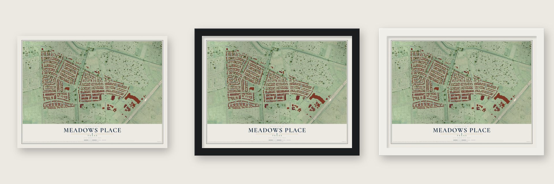Meadows Place, Texas map unframed, in a black wood frame and in a white wood frame